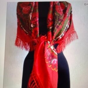 Elegant Floral Red and Green Scarf
